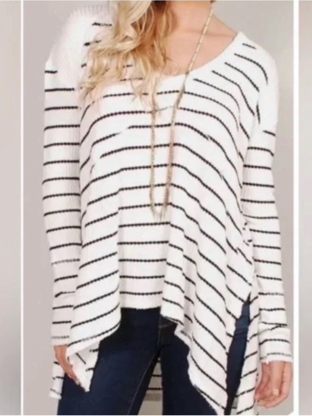 #1026 FREE PEOPLE Sunset Park White & Black Stripe Thermal w Hi-Low Raw Hem
